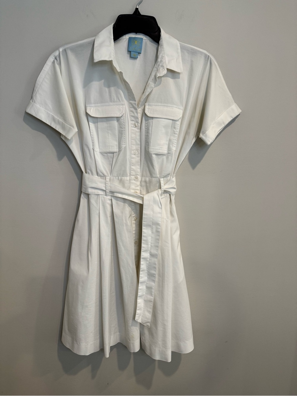 CeCe White Short Sleeve Button Front Shirt Dress with Waist Tie Y2K Luxe Size 2